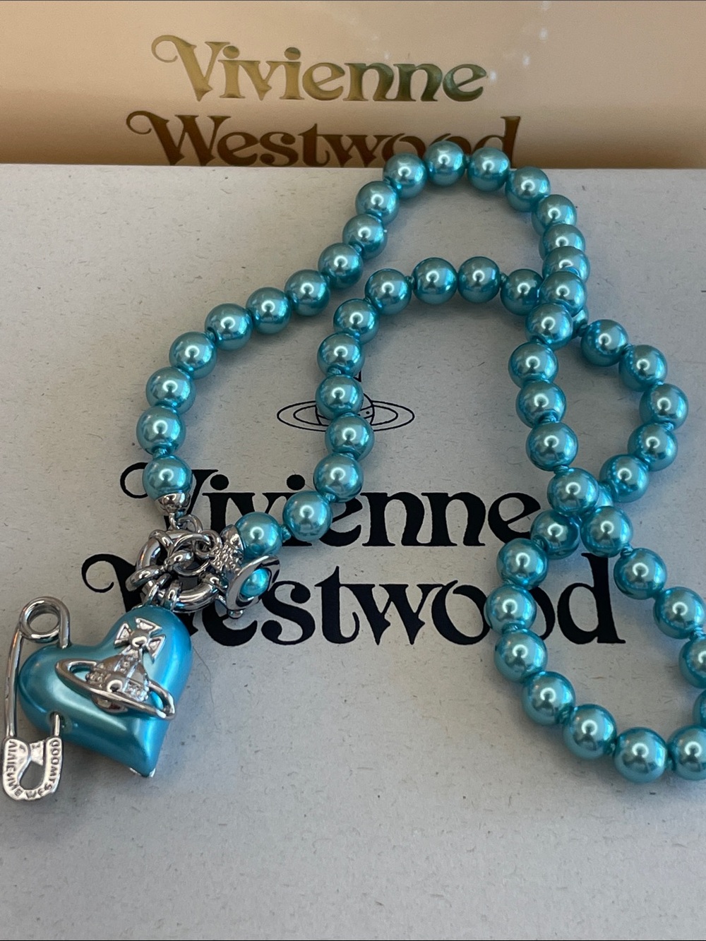 Vivienne Westwood Turquoise Faux Pearl Heart Orb Safety Pin Necklace Y2K